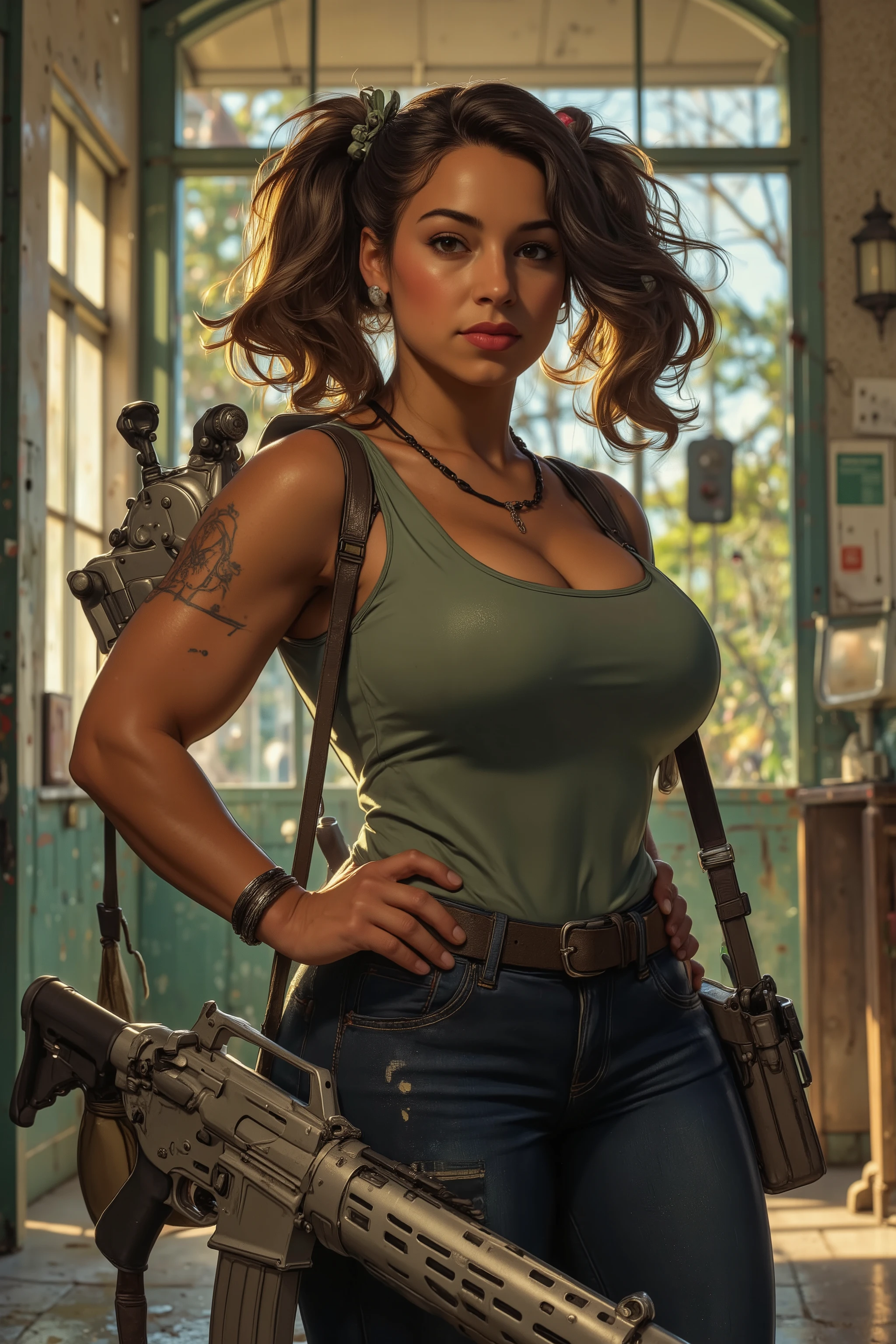 ​masterpiece, ultra detailed, 8K, Raw photo, Realistic light, Cinematic composition, Realistic face, Realistic skin, full body shot, 18 years old Tifa Lockhart, , on the exploited and rusty tank, tattered and  clothing, postapocalyptic wastlands with riuned sity, cute ,  pleasure, short messy hair,  freckles, nightfall, dramatic lighting