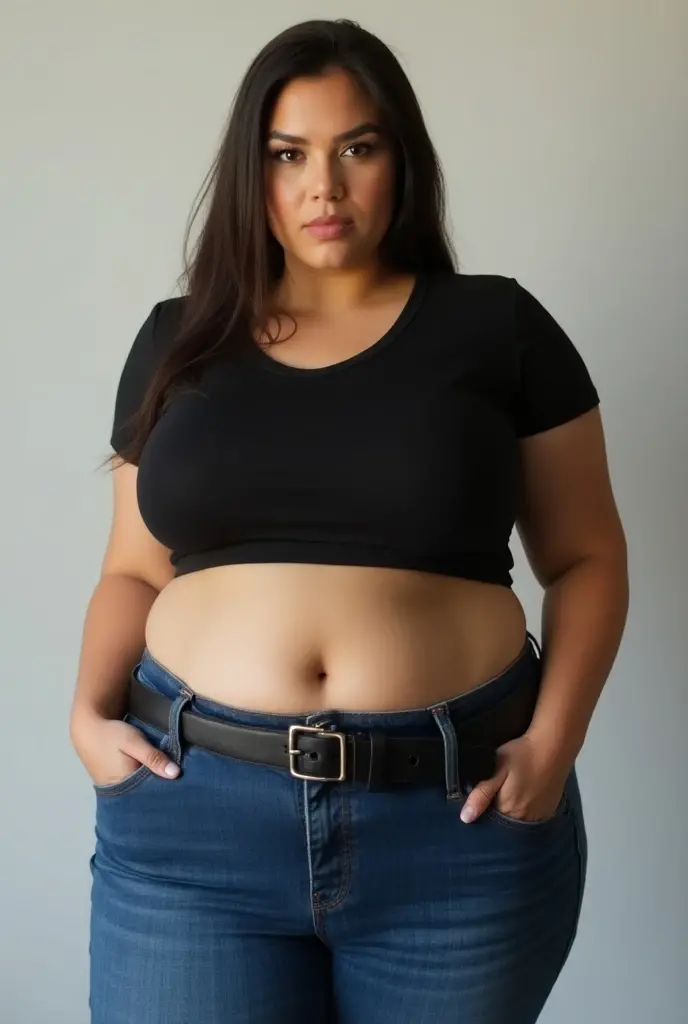 ((best quality)), ((masterpiece)), (detailed), perfect face, araffe woman in a long dark-blue shirt and blue denim skirt walking down a street, thicc,  wavy  short hair , she has a jiggly fat round belly, bbwchan, wearing tight simple clothes, skinny waist and thick hips, widest hips, her belly is fat and round, soft curvy shape, hyperrealistic full figure, wearing a cute top, wide hips, wearing 10 bracelet , wearing huge diamond necklace 