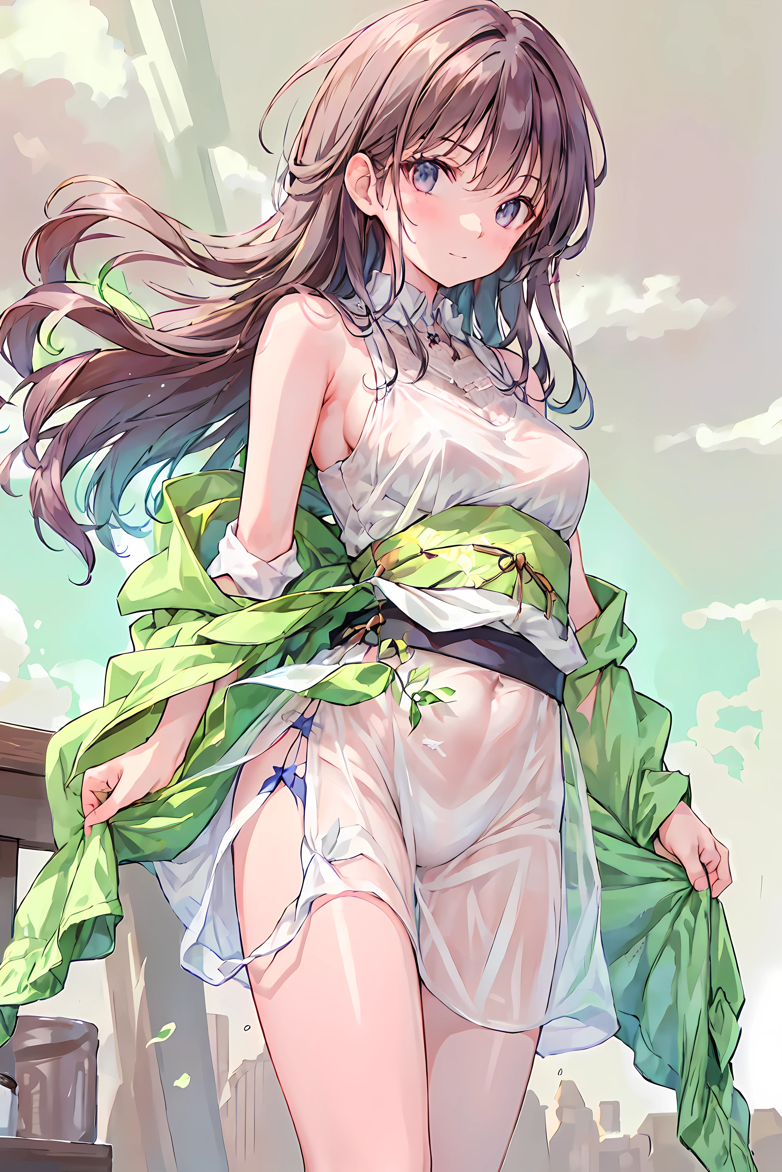 {{masterpiece}}, The best quality of life, 、Dark brown long hair down to the waist、Anime Girls with brown long hair, Cute female anime visuals,Anime full body illustration, Anime Moe Art Style, Anime characters, (Anime Girls)、(Green Eyes）、Expressionless adult woman、Small Necklace、((White background))、Black Bikini、Grey shorts、A light jacket、Green anklet、A woman standing in white sandals、D cup bust size
