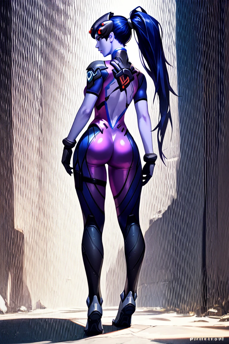 obra maestra, hyperrealism photography,d.Va, recargada en una pared, manos extendidas hacia arriba, inclinada, Turning your back to the camera, Nalgas levantadas, piernas abiertas, fondo futurista.