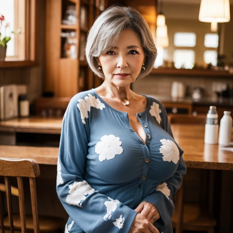 85-year-old Korean woman with short gray hair, seductive gaze, green eyes, attractive a lot of wrinkles on her face,  8k, detailed wrinkles, detailed background, utlra realistic, realism, exta realistic, wrinkles on body, SFW, light summer red dress with a pattern, in the kitchen, background showing full body, full body,  medium breasts, looking at viewer from below, light smile, teeth indoors,soft lighting, extreme detail, hdr, high-ponytail Hairstyle.