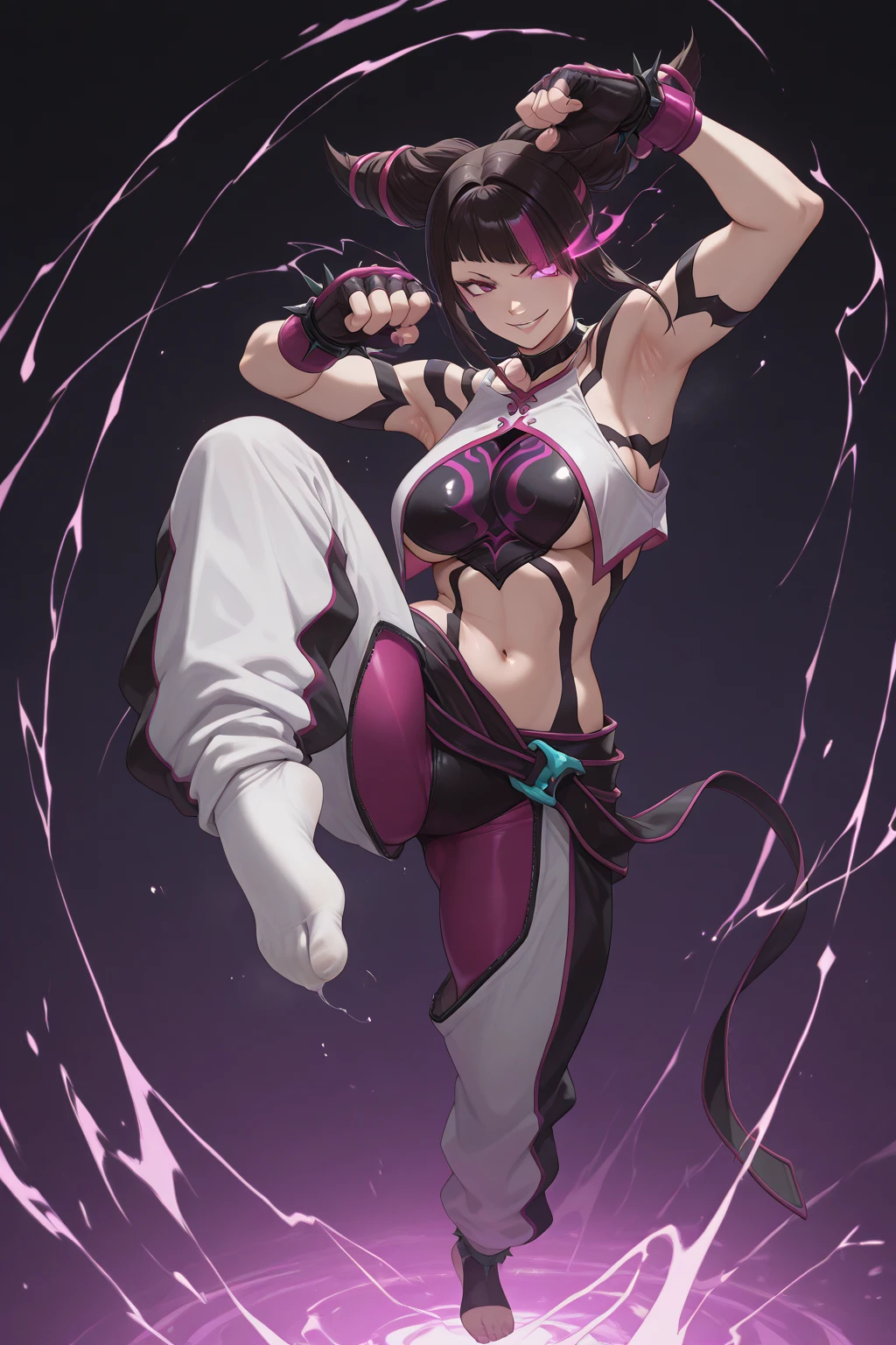 juri han,1 girl muscular pale skin black hair black yellow eyes against the wall sad sad sad sad tight shirt leggings thick thick thick muscular muscular muscular muscular dark dark, brown tights, Sexy thighs, beautiful detailed eyes