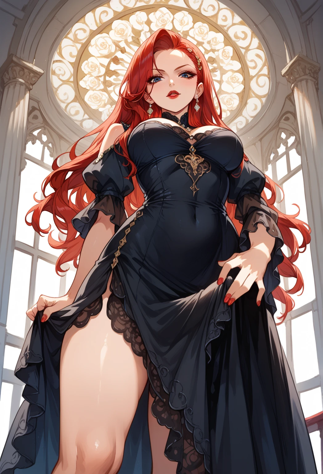 1girl, ((masterpiece,best quality)), Cute, solo, Star Dress, ((a unique renaissance era outfit with Victorian styling, no sleeves, armor)), ((Full body)), (tight waist, medium breasts, thighs)), Sexy, excited, Hentai art, big breasts, epic art, fantasy, 8k, hd wallpaper, high quality, intricate, elegant, highly detailed, clear focus, illustration, poster, postcard, ((right anatomy)), Dark red hair, Celestial being, elf, royalty, ruler, queen, galaxy, character, standing, both feet on ground, arms extended by side, Palms face forward, warrior, UwU, transparent background, high contrast, gothic, model stance, no pose, facing straight forward, looking forward, (no pose), ((Mio Naruse the testament of sister new devil body type, inspired by)), 21 year old