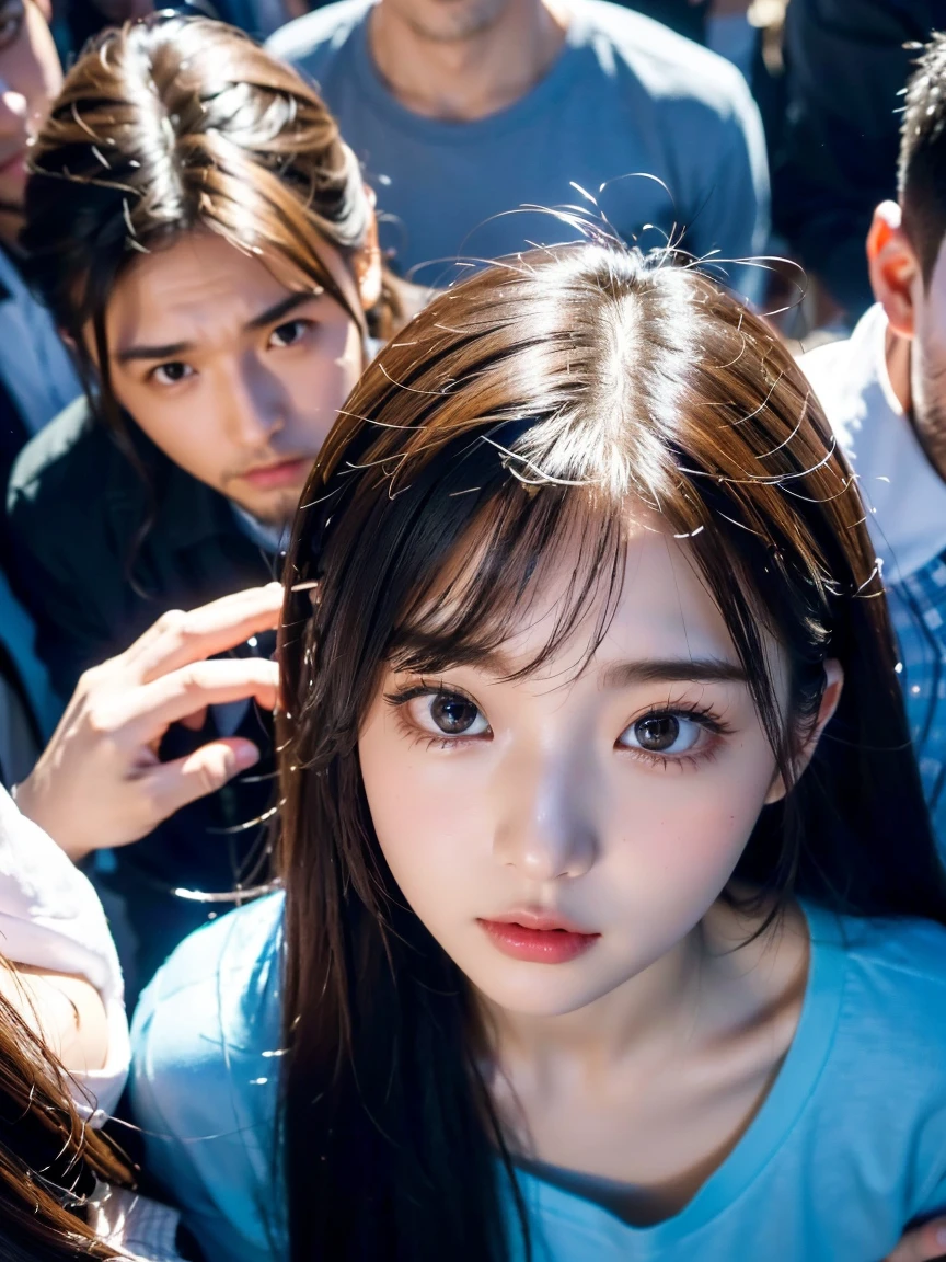 ((Highest quality, 8k, RAW Photos, masterpiece :1.3)), (Realistic、Realistic:1.37)、Very detailed、Ultra-high resolution, (Professional Lighting), ((From above:1.2)),((Full body photo)),Small breasts、Perfect Face、Beautiful expression、Beautiful Face、Beautiful Eyes、18 year old high school girl、beautiful girl、Beautiful black hair、(No bra、Schoolgirl uniform、Button-down shirt:1.2、Off the shoulder、Mini Pleated Skirt、Pale pink string panties)、(Inside a crowded train with sunlight streaming in、A chubby middle-aged Japanese man hugs a high school girl from behind on a train)、((((A middle-aged man standing behind a woman、The man reaches out his right hand and touches the woman's breast.:1.3、The man's left hand is touching the high school girl's private parts with his fingers.:1.2、Button-down shirt:1.2))))、caress、Expressions of fear、Blushing、The man has a vulgar look、Man hugging
