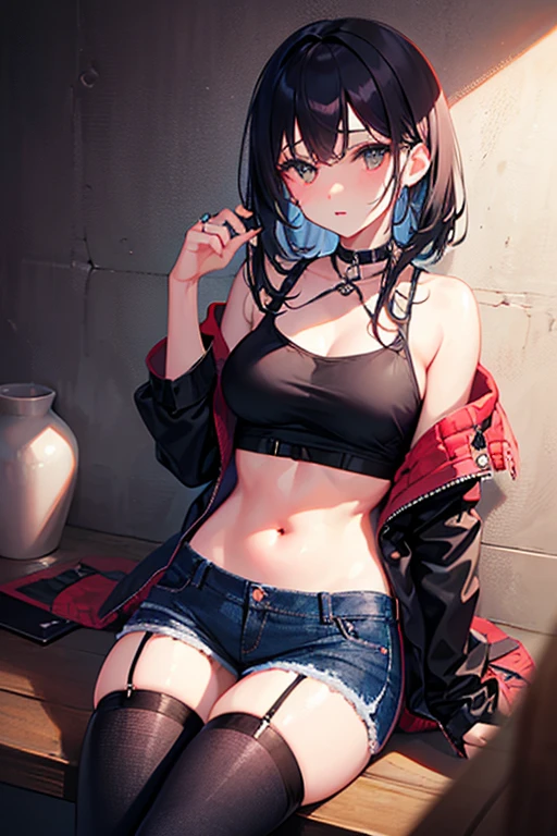 (masterpiece, best quality), 1girl, mature, long legs, lying, sexy, emo, beautiful short hair, colorful hair, intricate jacket, magical tattoos, perfect night, moonlight, street