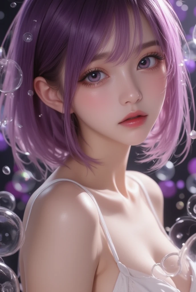 One, 1 girl, purple eyes, purple hair, Bubble, I look at the viewer, portrait, half-closed eyes, short hair, closed mouth,shiny Bubbles,Bubbles, colour shining in Bubble, reflective Bubbles,Bubbles ,Bubbles all around, turning into Bubble