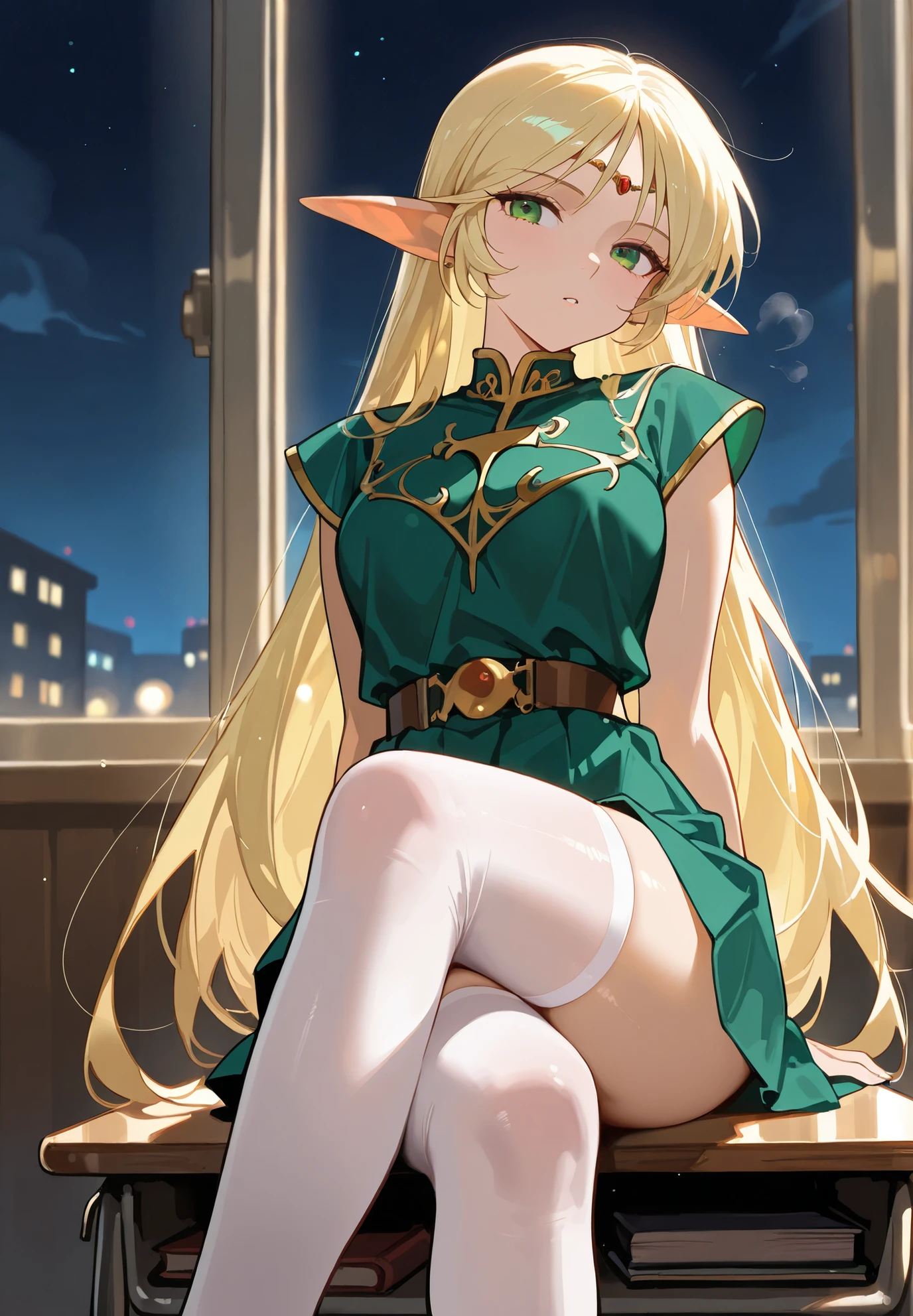 Flat chest, loli, full body, light rays, blonde hair, green eyes, low ponytail, parted bangs, (sweaty skin:1.2), grand hall, light particles, illustration, elegant clothes, absurd detail, HDR, huge ass, wide hips, long hair