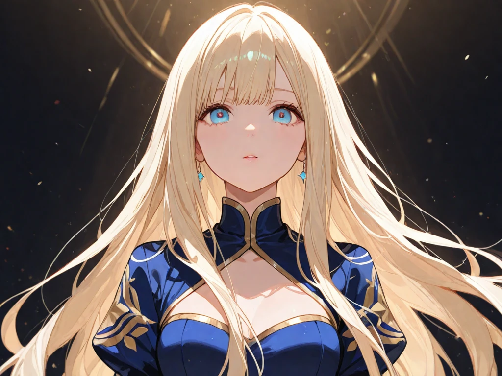 Anime Moe Art Style,highest quality,High resolution,Anatomically correct,One Woman,Middle-aged woman,40 years old,Blonde,Super long hair,Straight Hair,Green Eyes,Super detailed,Fantasy Style,Court Magician,Navy blue robe,Medium sized breasts,Cool look,Focus on the upper body,Beautiful posture,8K