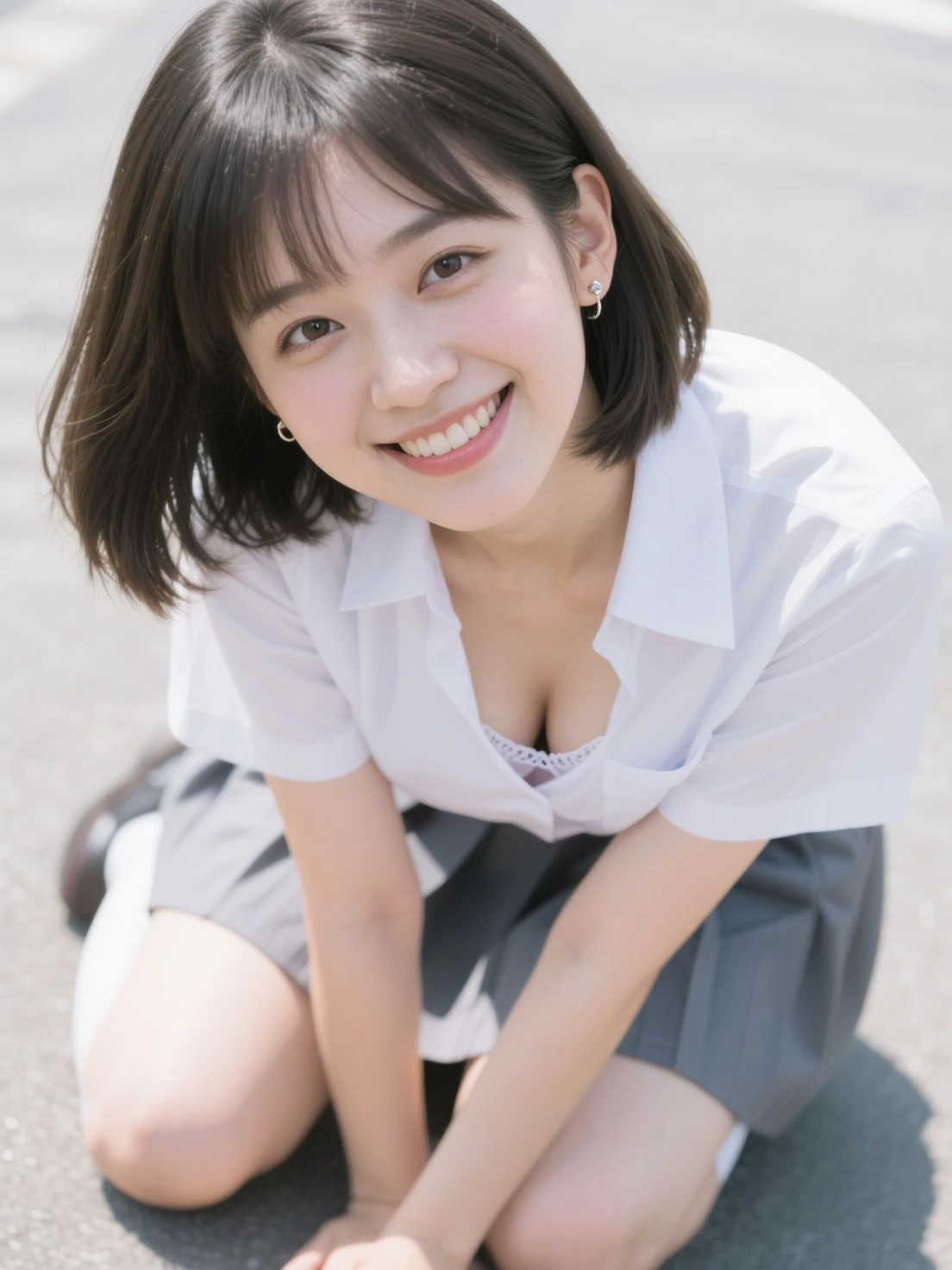 ((masterpiece,best quality)),1 Girl, Solitary, animal ears, rabbit, barefoot, Knees up, skirt, sit, rabbit ears, Short sleeve, Looking at the audience, Grass, short hair, Smile, White hair, Puff sleeves, outdoor, puffy Short sleeve, Bangs, on the ground, whole body, animal, white skirt, Sunlight, Brown eyes, dappled Sunlight, sky, Depth of Field