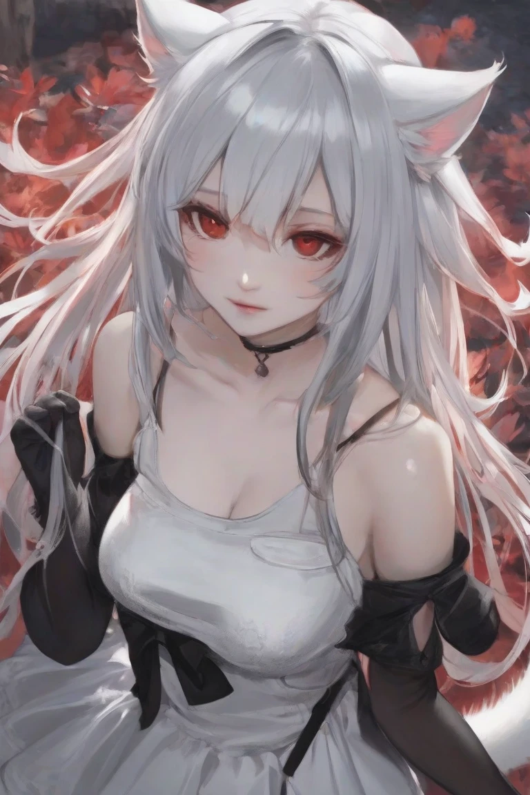 masterpiece, best quality, 1girl, solo, black sclera, colored sclera, brown eyes, silver hair, face focus, from above, looking at viewer, sfw, black skirt, white shirt <lora:black_sclera:1>
