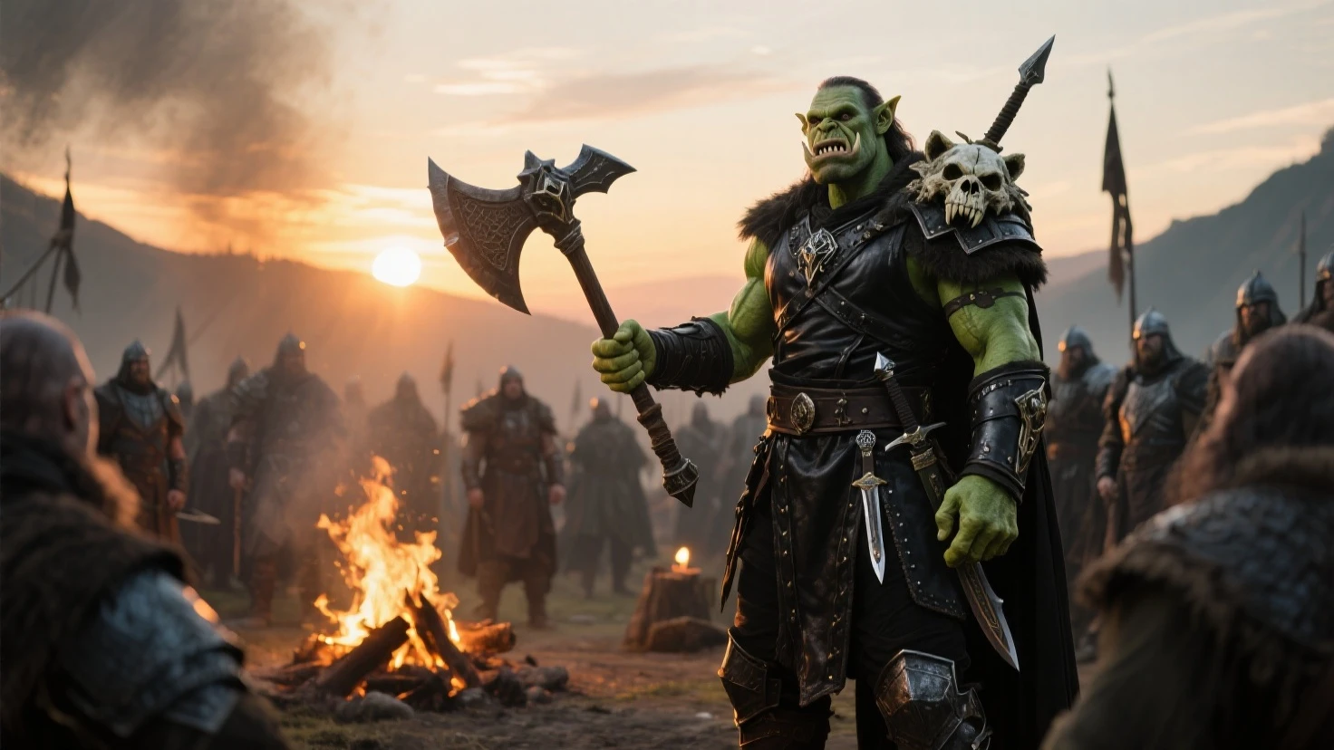 cinematic photo cinematic photo full frame wide shot , Horror-themed (greenskin) cinematic a battlefiels full of scary orcs in armour all crammed close together on a grassy battlefield, amour colourful intricate!!, swinging a giant rusty cleaver sword full body character design high budget, bokeh, cinemascope, moody, epic, gorgeous, film grain, grainy . Eerie, unsettling, dark, spooky, suspenseful, grim, highly detailed. . 35mm photograph, film, bokeh, professional, 4k, highly detailed . 35mm photograph, film, bokeh, professional, 4k, highly detailed,