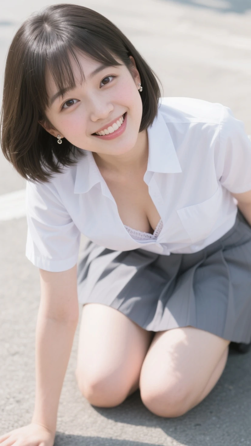 (squat:1.5),(Wearing a business shirt),In town,(The skin is wet from sweat),OL,looking at the camera,Cleavage,smile,Skirt Lift、Lift your skirt with your hands,woman, 20-year-old, Short Hair、bangs、(Business Skirt),(White lace panties)、Cute earrings,Natural lighting