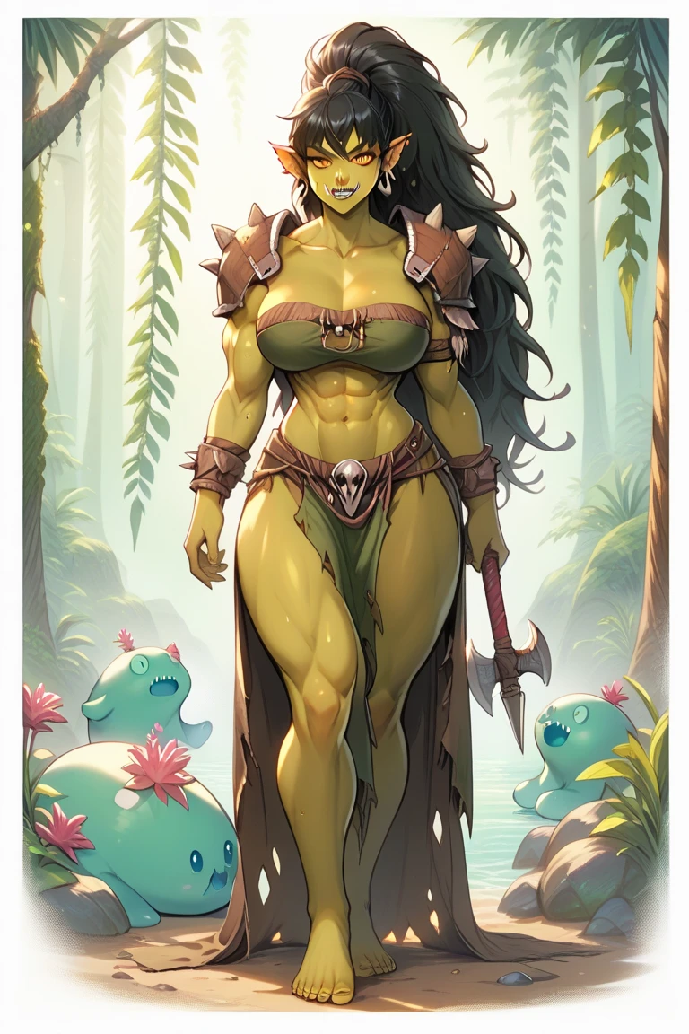 ultra-detailed digital source, masterpiece, portraying, a 1girl-goddess of the Amazon jungle, divine throne, natural construction, resembling with anaconda goddess features, snake eyes, and parts of her body covered in snake skin, stunning large and torned toned huge muscle body, sexy hourglass body composition, huge cleavage, huge breast, native empress wearing. The scene is filled with lush greenery and vibrant colors, emphasizing the goddess's primal power and untamed nature. Frank Frazetta, artgerm, Marvel
