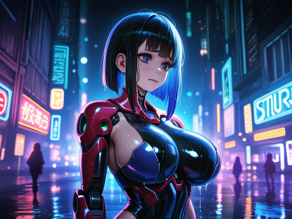  plugsuit, male focus, Shinji Ikari, pilot suit Super huge big breasts breast enlargement blushing and looking at the camera smiling alone standing in a sci-fi city full-body shot illustration, ultra-detailed, HDR, vibrant colors, soft lighting