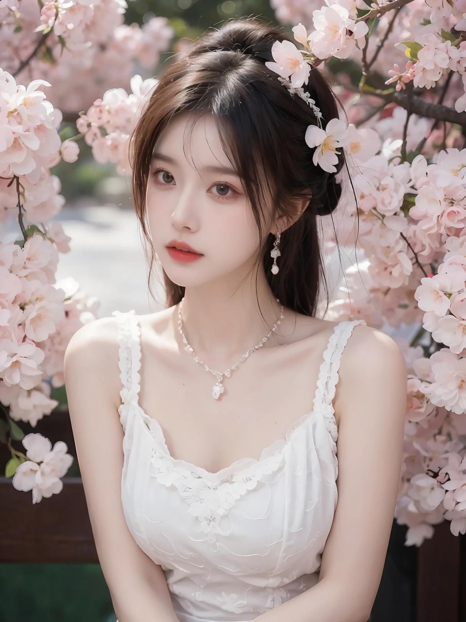 ((Best Quality, 8K, Masterpiece: 1.3)), 1girl, 1 girl, blush, (seductive smile: 0.8),, hair accessory, necklace, jia, tyndall effect, realistic, light edge, two-tone lighting, 8K ultra hd, DSLR, high quality, volumetric lighting, sneak peek, photo, high resolution, 4k, 8k, background bokeh, gorgeous clothes, earrings, 35mm, high detail hair, upper body, bust, portrait, ultra clear face, (lakeside, meadow), slender beauty, (long hairstyle casual, :1.2), gorgeous skirt: 1.1, super fine face, delicate eyes, double eyelids, black and white mixed clothes, necklaces, earrings, (dresses, shirts,) light and shadow, high detail light and shadow, (flowers, peonies, roses) (clothes print) lace trim,