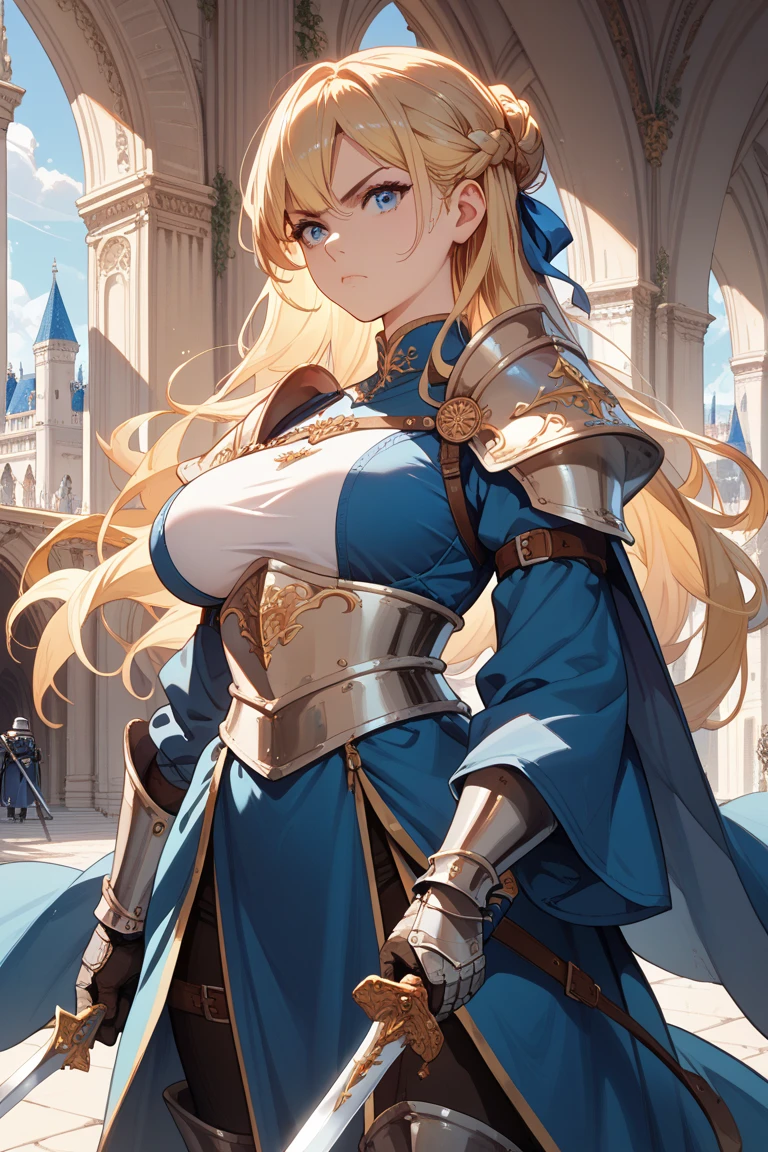 (masterpiece, best quality:1.2),illustration,8k,hd,1girl,solo,cowboy shot,pecorine (princess connect!),long hair,tiara,ahoge,orange hair,gloves,breasts,blue eyes,shoulder armor,armor,looking at viewer,white gloves,boots,cleavage,short sleeves,closed mouth,skirt,ribbon,blush,bangs,pauldrons,hair ribbon,blue socks,white footwear,large breasts,ascot,very long hair,puffy sleeves,<lora:Pecorine(pri)>,
