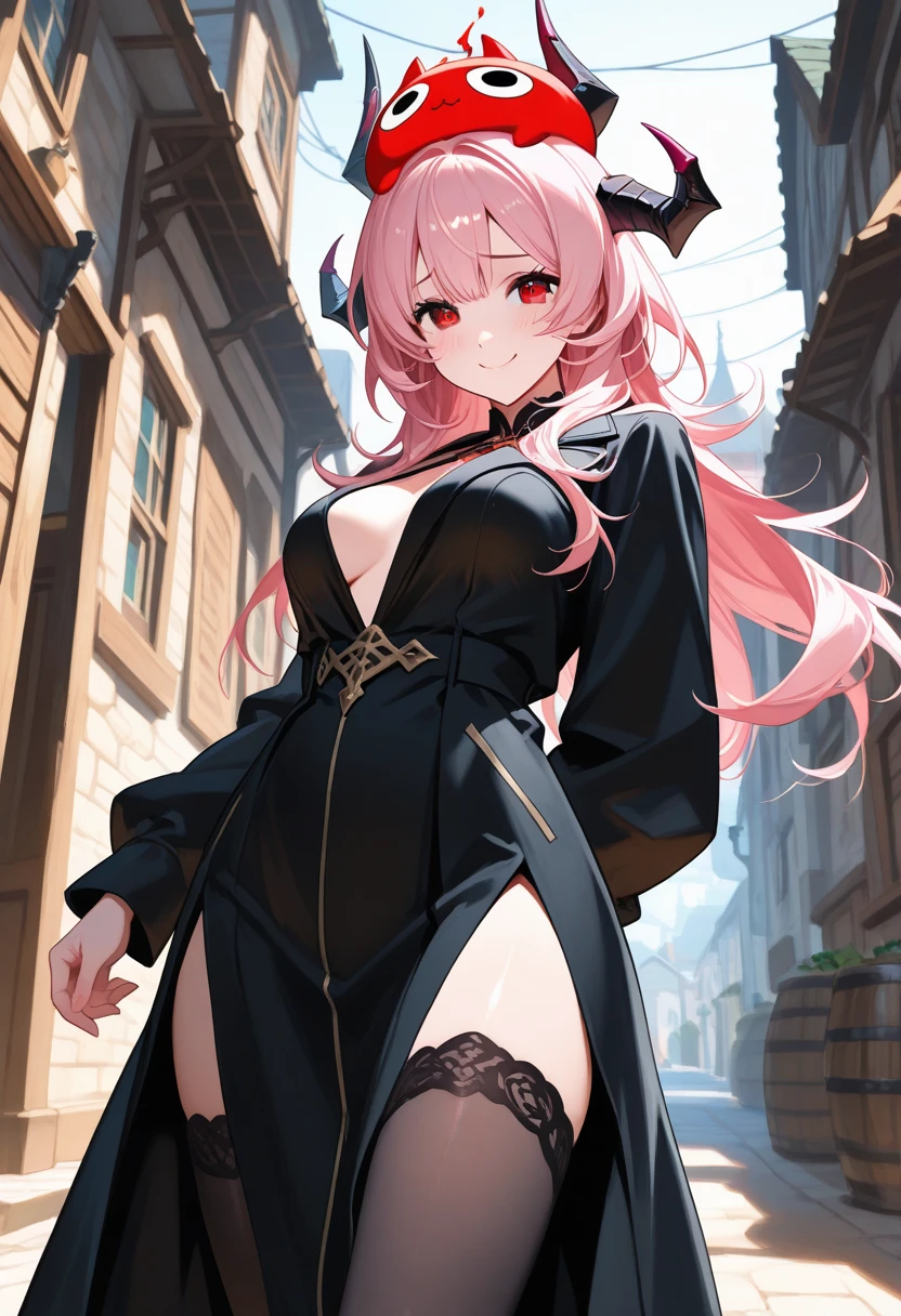 a pink haired woman with violet eyes and an hourglass figure is posing in cool gothic clothes is leaning on her scythe in the busy city street