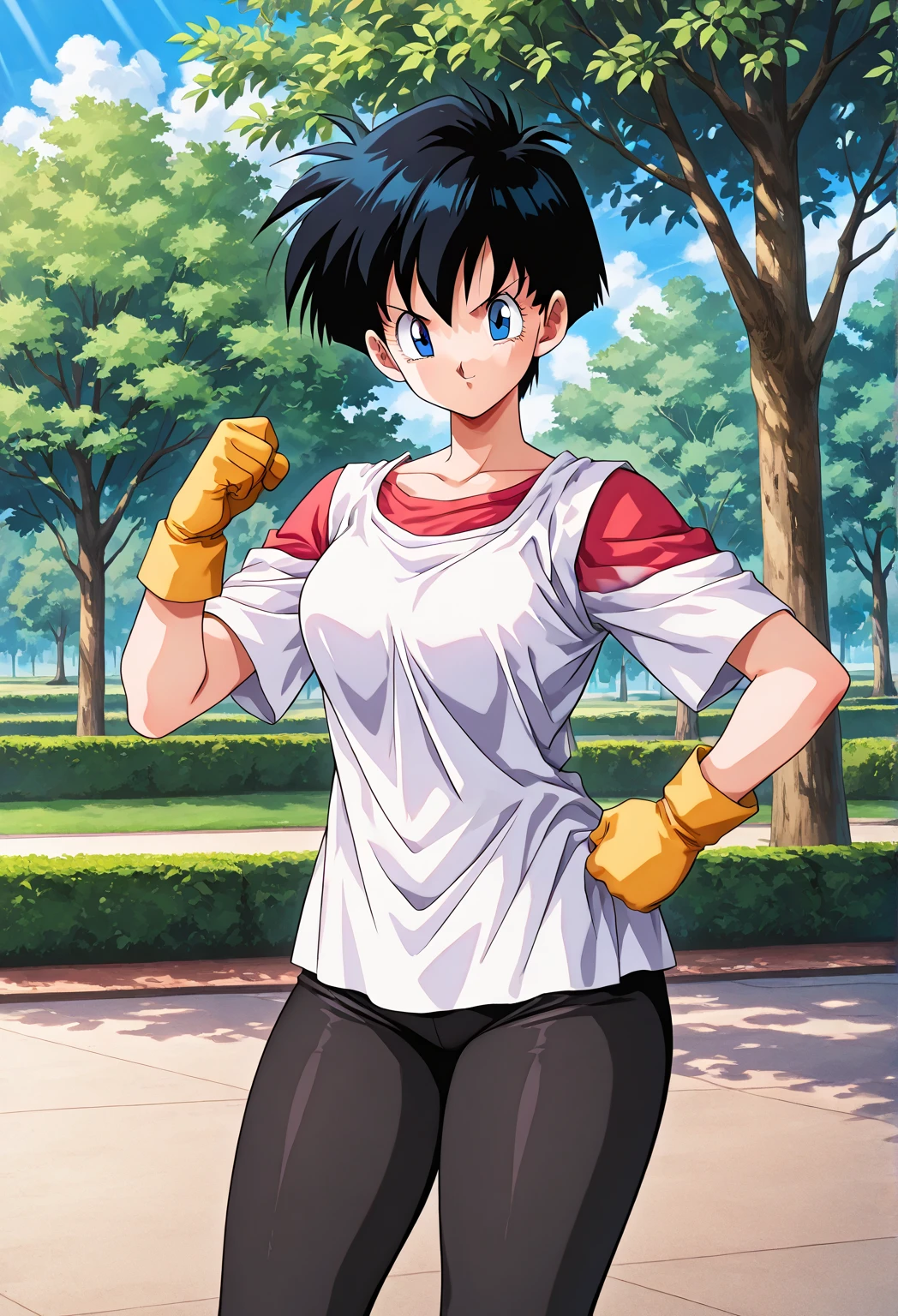 Videl, 1girl, best quality, forest, dynamic lighting, biker shorts
