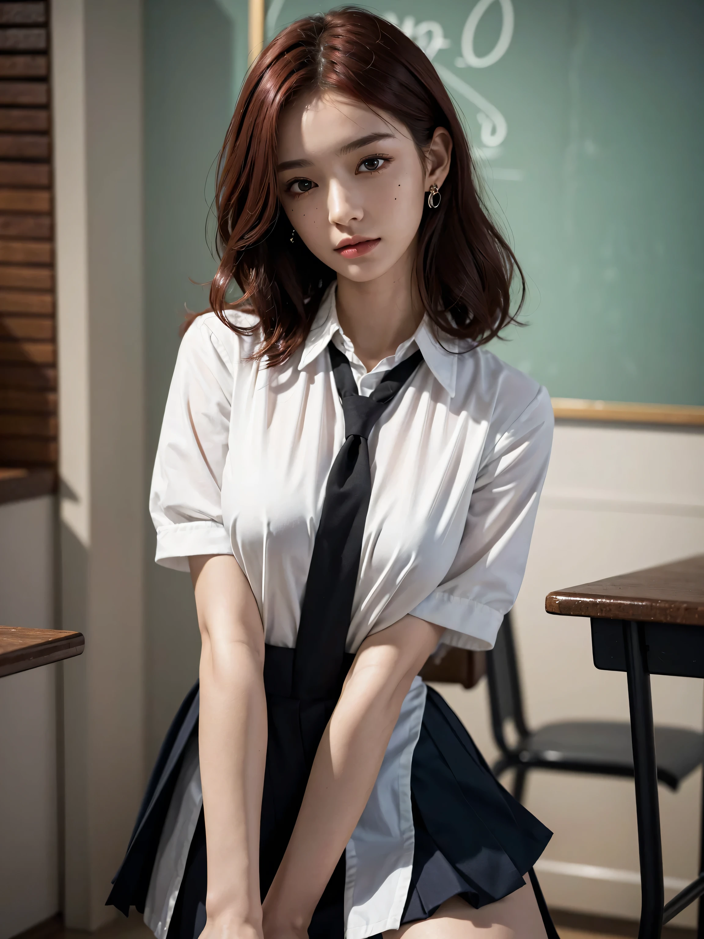 ultra realistic 8k cg, picture-perfect face, flawless, clean, masterpiece, professional artwork, famous artwork, perfect face, beautiful face, beautiful eyes, ((perfect female body)), solo,(immersive atmosphere, chiaroscuro:1.5,bright light:1.2,luminous lighting)
,,(blush:0.5),seductive expression,extremely detailed_eyes,thick thighs,large breasts,
beautifully detailed background,depth of field,realistic:1.3, long shot,1girl,shirt,pleated skirt, school uniform, sitting, full body,
(ambient light:1.3),(cinematic composition:1.3),(neon lights:0.1),(HDR:0.1),Accent Lighting, white pantyhose,