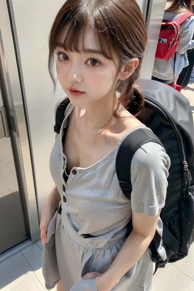 (1 Girl )、(Beautiful Japanese、18years old,round face、Refreshing、clear、seems kind、stylish、Pitiful、cute like an angel、cute、black eyes、(Single eyelid:1.3)、Beautiful skin), {(Japan human face:1.4),(General facial features)} , (((Beautiful breasts:0.4))),(((soft breasts))),(very cute),(short hair),(enchanting eyes),(highlight on eyes:1.2)、(8K、Live shooting、highest quality、masterpiece:1.2、optimal lighting)、((masterpiece)),(Photo taken by a professional photographer),(real、photo real:1.4),BREAK,{(Tank top shirt, jean shorts)},(cheeks are red:1.3), BREAK, BREAK,Face shot:1.3、 face close-up,Looking at viewer,lonly face:1.4、Japan、Summer、from above、bus stop,Blue sky, cumulonimbus clouds,(((1970s vibe)))、Hands clasped behind back