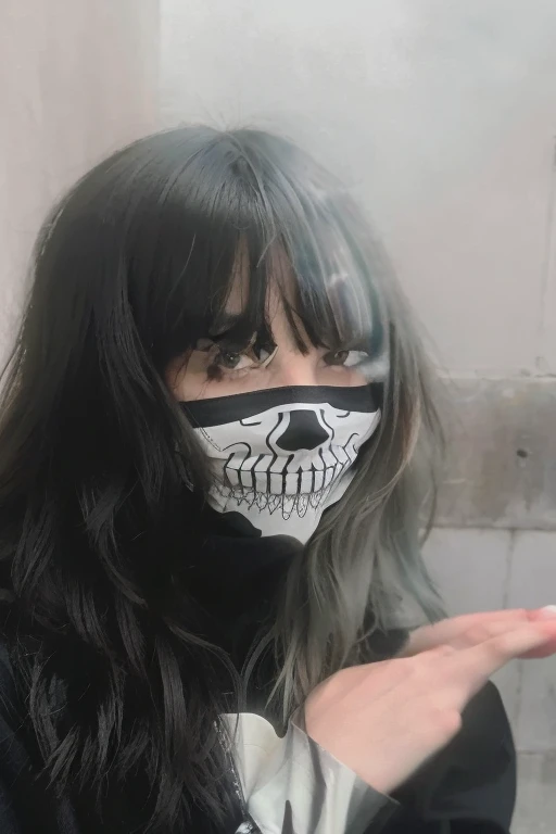 <lora:Skull_Mask:0.8>, masterpiece, best quality, young woman wearing a skull mask, green eyes, long hair, black shirt, in a school hallway, intricate detail, atmospheric, dramatic