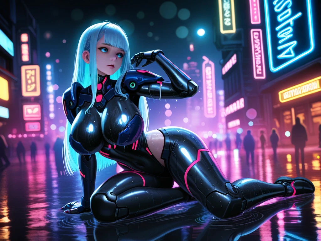 A cute woman ( sexy skin suit, a few cybernetic data-ports mar her skin, neon chrome color scheme (random color)) posing next to a matching cyber super car, future tokyo
