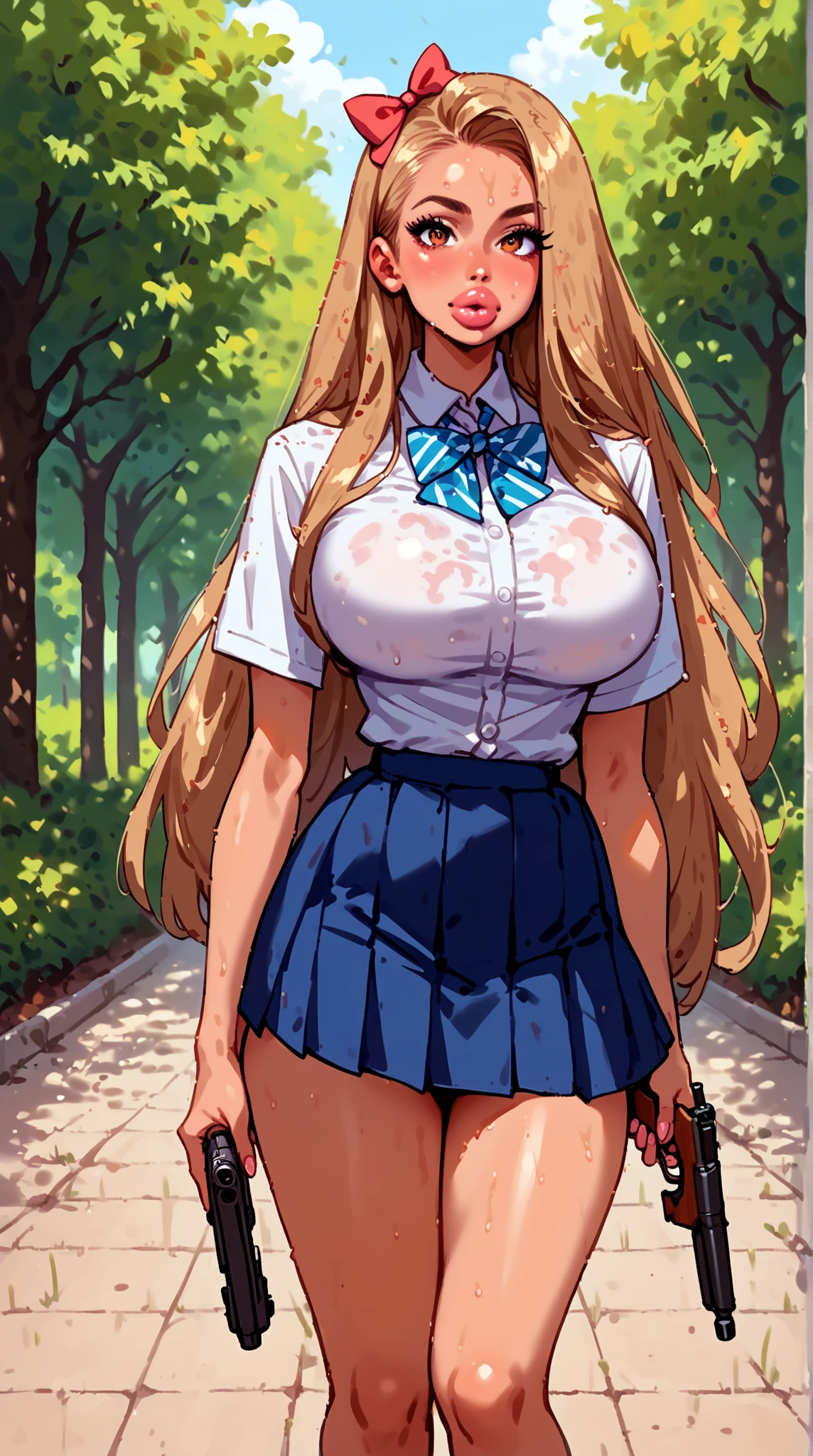 masterpiece, best quality, highres, kitagawa marin, 1girl, blonde hair, long hair, multicolored hair, red eyes, jewelry, earrings, piercing, , unbuttoned white shirt, open shirt. partial nudity, massive breasts. nipples. no bra. black choker, blue necktie, plaid skirt, grin, smile, standing, cowboy shot, outdoors,
