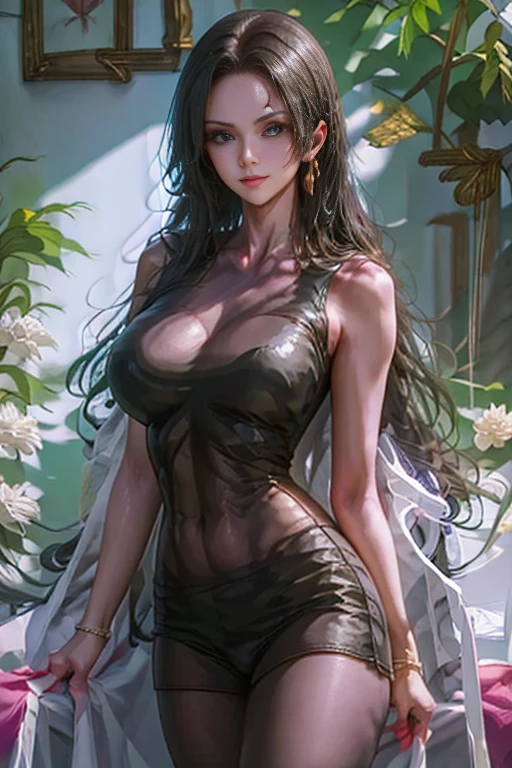 sexy, seductive, cool, fantasy queen, majestic sleeveless leotard dress, cleavage, perfect firm breasts, intricate elegant dress design, long flowing hair, dramatic lighting, highly detailed, photorealistic, 8k, ultra-realistic, cinematic, dramatic pose, mesmerizing eyes, flawless skin, glowing ethereal beauty, fantasy landscape background, lush foliage, magical aura, dynamic composition