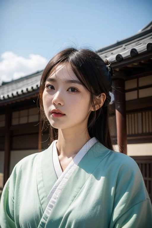 beautiful young woman face korean, modern hanbok ลายลูกไม้สีสดใส