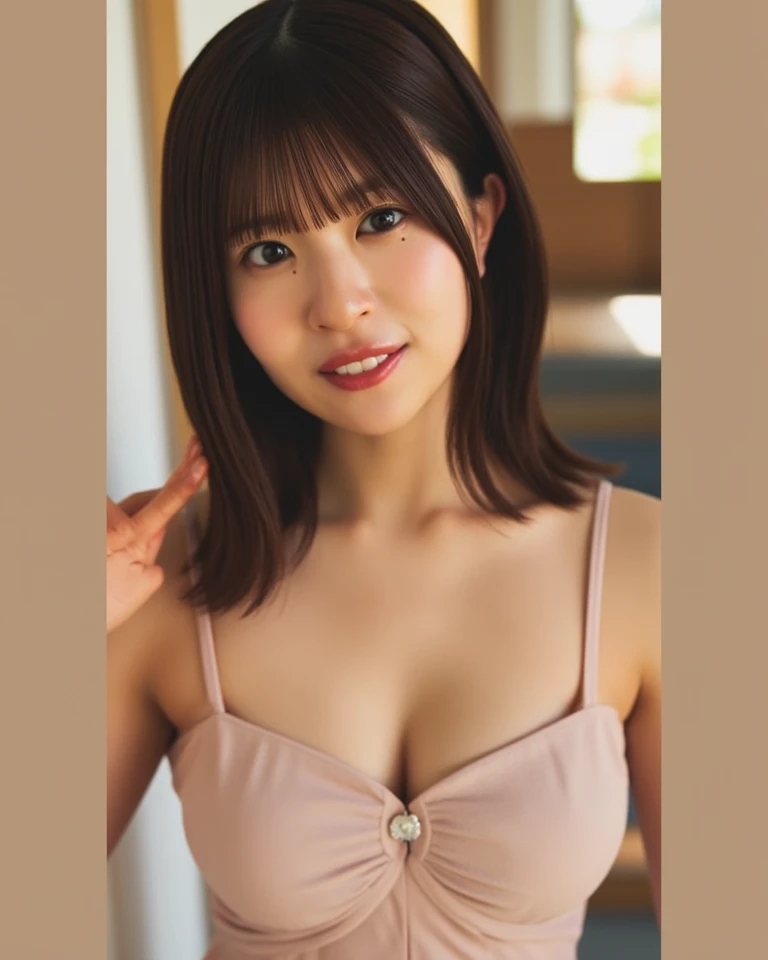 masterpiece、Highest quality、High resolution、Tabletop、wallpaper、Realistic、Bright lighting、Professional Lighting、Face Light、Smooth lighting、Japanese women、Beautiful woman、、Modeled、gravure、sexly、so beautiful、Beautiful Skin、Beautiful and exquisite、Detailed face、slim、Large Breasts、Cleavage 、short hair、Brunette colored hair、Brown eyes、Japanese Kimono、Japanese Yukata、(Eyes closed:1.5)、(Expression of enduring pain:1.5)、(Expression of enduring pain:1.5)、Park in clear weather、The costume is yellow、