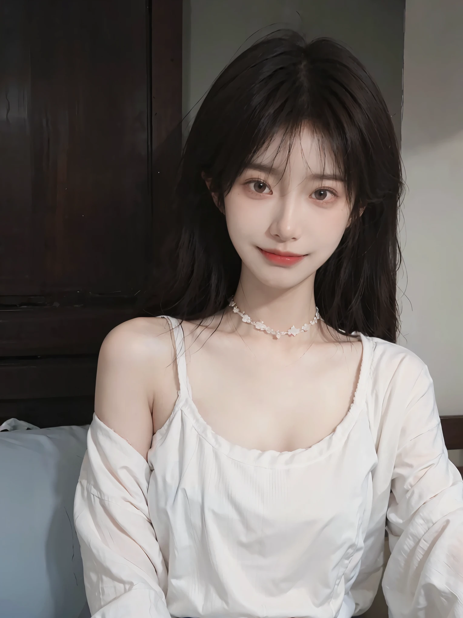 best qualtiy, Ultra-high resolution, (realisticlying:1.4),cute hairpin,Baoyu Girl,1girll,Cropped red sweater ,Beautiful woman with a slim figure:1.4, abs:1.1, (A brown-haired, mideum breasts:1.3), bathroom,Ultra-fine face,Elaborate Eyes,double eyelid,ssmile,choker necklace