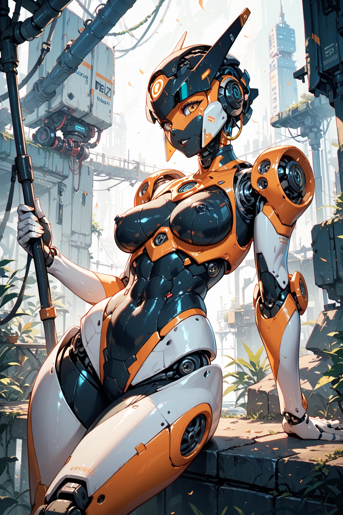 a beautiful woman, ((bionic arms and legs, metal prosthetics):1.5), large breasts, large breasts, thin waist, big ass, white alloy, wearing((vaporous:1.2) (transparent:1.2) (white: 0.6) (chiffon) (crop top) grabbed (wet: 1.4) skin): 1.2))), provocative pose, legs open, warm tone, focus on groin, forest background, sitting on the stone