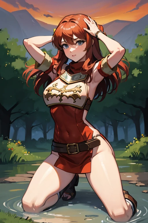 "(masterpiece:1.1), best quality, 
1girl, (80s anime style:1.4), (eyelashes:1.5),
(intricate high detailed body:1.2), 
red hair, 
(hair between eyes:1.1), (long hair, french braid:1.1), (hair ornament:1.2), 
green eyes, 
(pale skin:1.3), (large breasts:1.1), 
happy, smile, 
(high cut leotard armor, navel cutout, tattoo:1.2), (garter belt:1.2), 
(ribbon:1.1), (accessories:1.1), long gloves, 
standing, peace,
(upper body:1.1), 
(grassland, outdoors:1.2)"