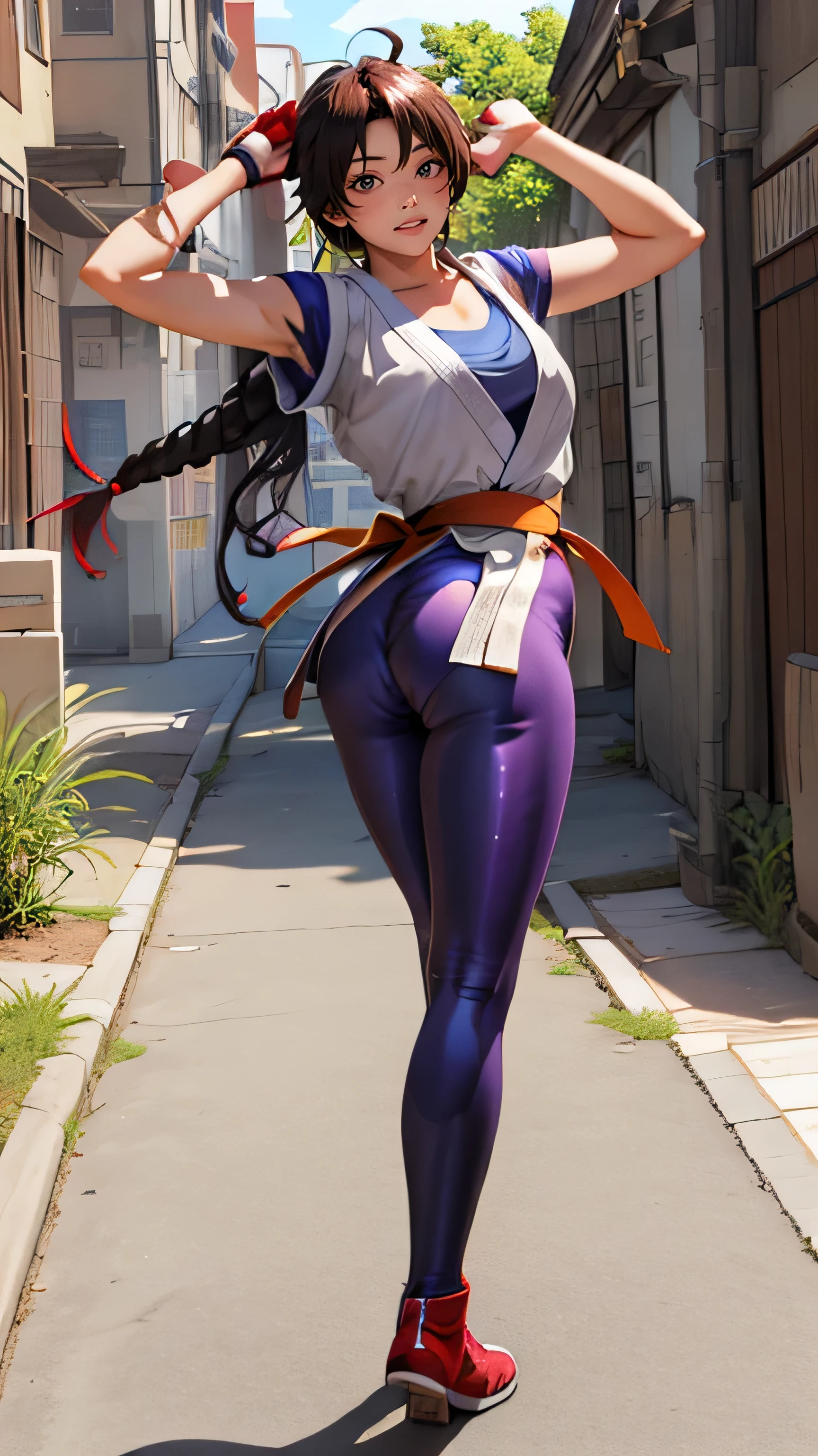 1 girl, Hyuga Hinata in the anime Naruto, long hair, black hair, white eyes, Very angry, Beautiful, purple clothes, Medium breasts, realistic clothes, Clothing Detail, ultra detail, realistic, lying on his stomach, knees bent, legs spread wide, purple skinny leggings,trousers torn at the groin, hands behind your back ,hands tied with rope at the wrists, view from the back