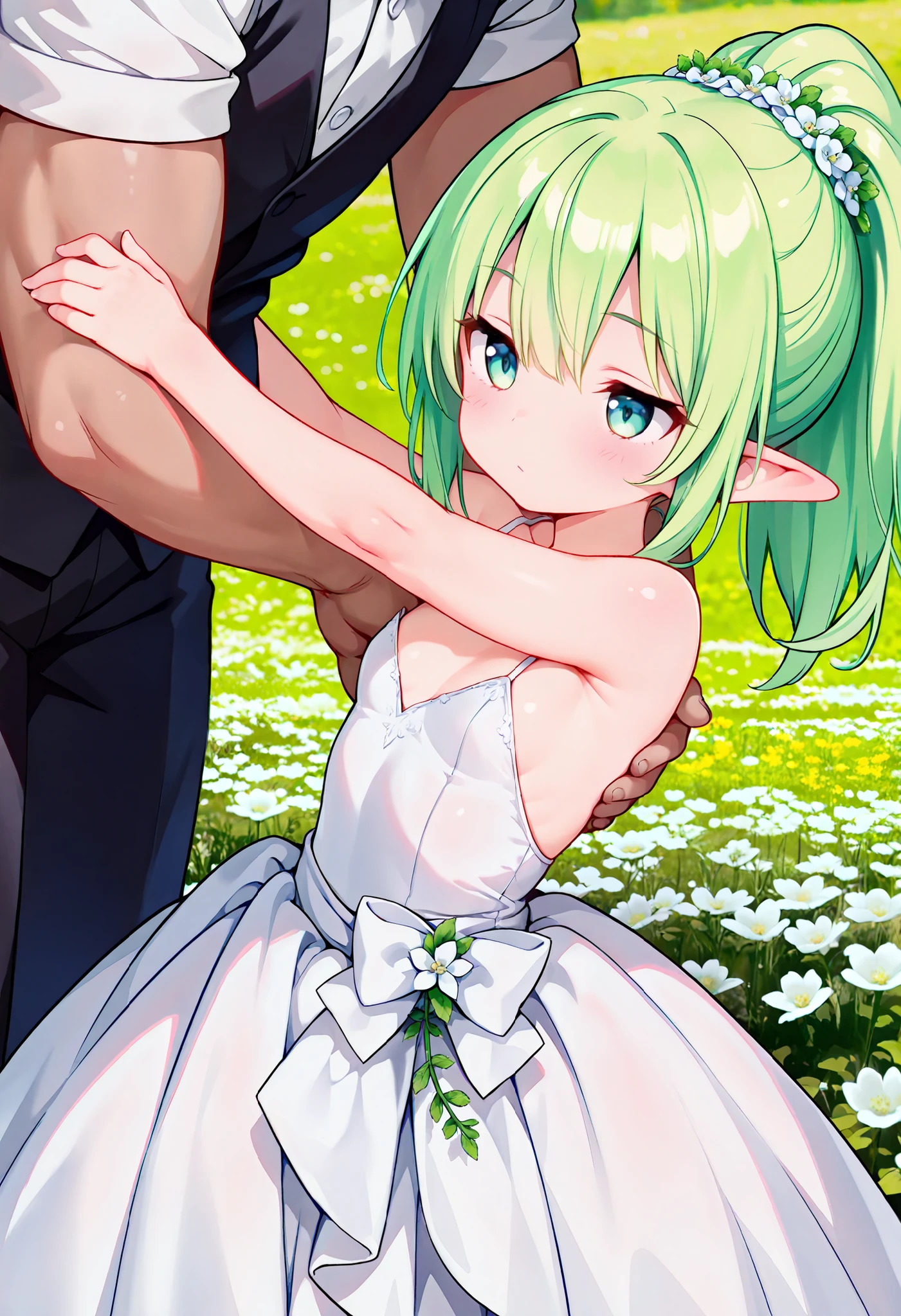 Elementary school height, small, short, small breasts, ponytail, green hair,green eye,((uncensored)),((pussy)),exposed breasts, ((pink nipples)), ((white garter belt)), ((white stockings)), ((wedding veil)), (orgasm), (((collar for dogs))),((watery eyes)),((pussy juice)),((spread pussy)),((Peeing and squirting)),((see through white wedding dress)),1 boy,((((a boy is grabbing girl’s breasts from behind)))),slant eyes,furrowed brow,child,elementary school student,baby face,blush,embarrassed,arms up,((chikan,molestation))