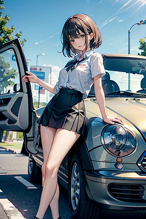 A cute woman in a miniskirt repairing a car。Changing car tires