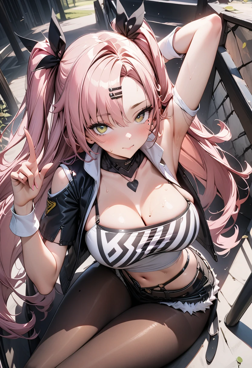 1 girl, pink long bun hair, heart shaped eyes, ♡, big breasts, police uniform and hat, {girl with pink long bun hair named Nami}, (Pink eye color), {downtown}, (smile), bright background , mole under eye, heart shaped choker, (masterpiece, highest quality), very detailed, highest quality, official art, beautiful and aesthetic: 1.2), (1 girl), very detailed, (geometry art: 1.3), colorful, most detailed ?d1 girl, pink long bun hair, Eye of the symbol, +__+, big breasts, gothic costume, {A girl with long pink bun hair named Nami}, (Pink eye color), {downtown}, (smile), bright background, (garden,beautiful flower々),mole under eye, heart shaped choker, (masterpiece, highest quality), official art, beautiful and aesthetic: 1.2), (1 girl), very detailed, (geometry art: 1.3), colorful