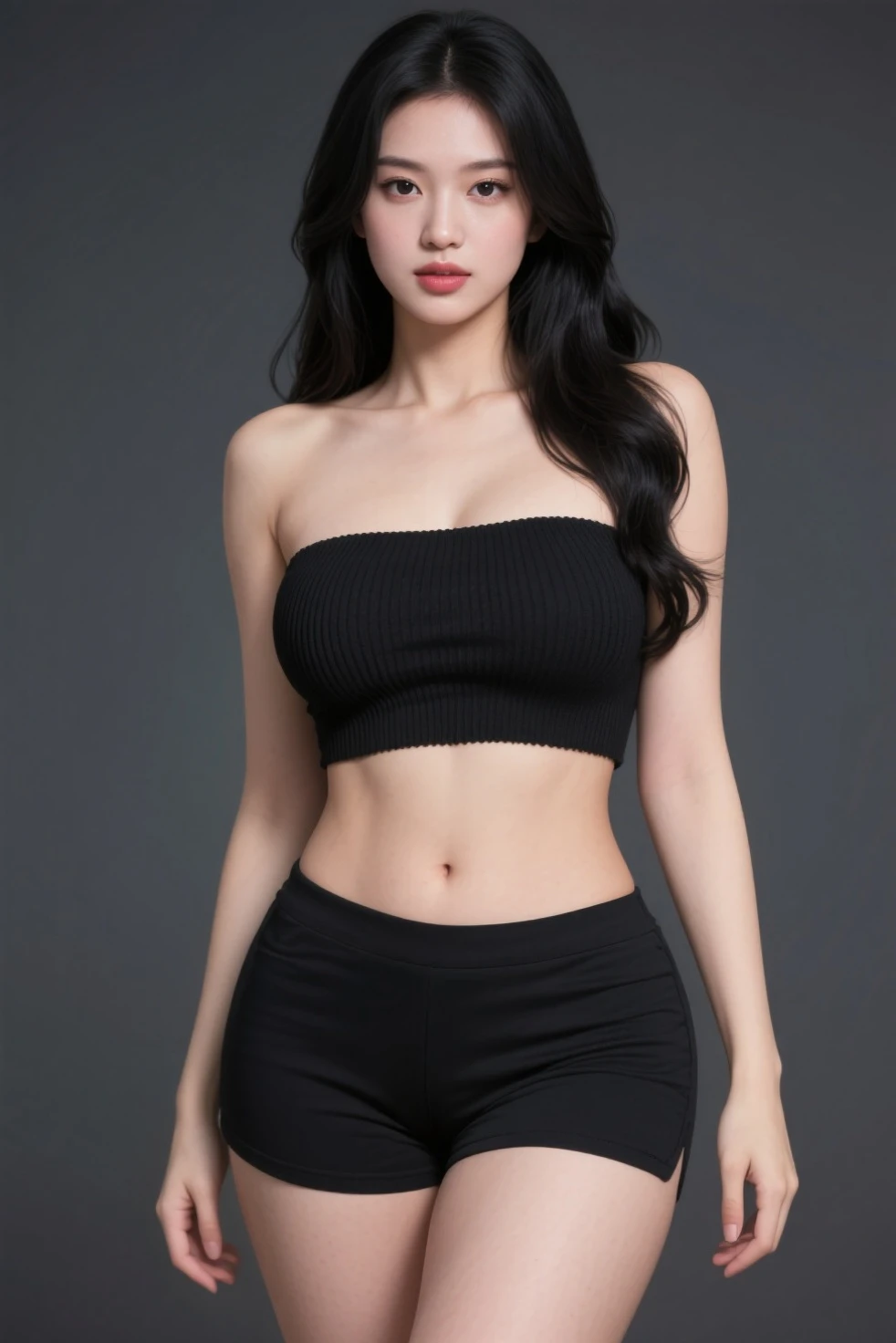 NSFW, A young Japanese idol-style woman with a small, round face and youthful features. She has heavy makeup with emphasized eyeshadow, dark eyeliner, and glossy red lipstick, wearing a confident and provocative expression. Her hair is black, semi-long straight, and styled in loose waves. She has a short and voluptuous build with fair skin, a slim stomach, and a curvaceous figure. She is wearing a workman's outfit: a tight, sleeveless tank top that shows off her midriff, baggy Nikka-Pokka pants with a tool belt slung around her hips, and heavy work boots. She is standing with one hip cocked, one hand resting on her hip, and the other holding a large wrench over her shoulder. The background features a construction site with machinery and stacks of materials. The camera angle is from a slightly lower perspective, capturing her full body and the bold, challenging nature of her pose. The image should be high quality, realistic, and detailed.
