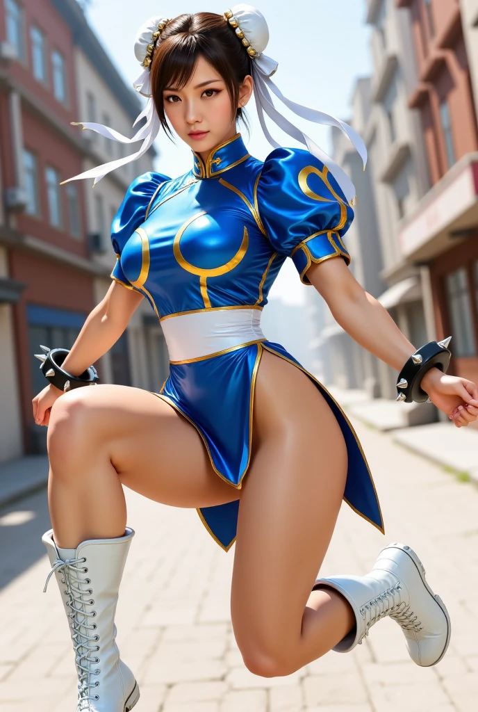 Brown hair, blue china clothes, black stockings, white boots