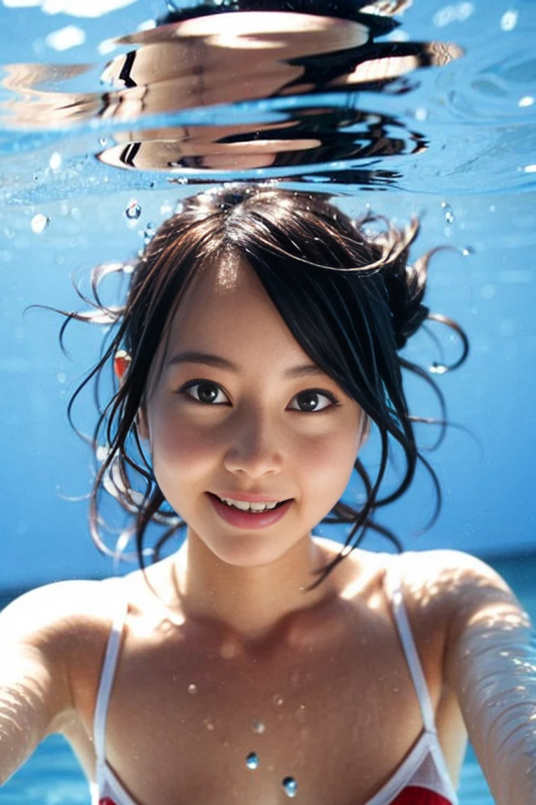 A cute, beautiful, voluptuous Japanese woman in her late 20s with a boyish hairstyle is diving underwater.。Smiling and making a peace sign for the camera。She looks great in a micro bikini。