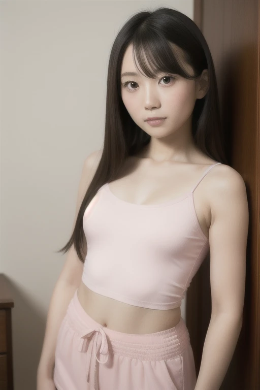 Pink skirt with frills, pink crocodile shoes, pigtails, crop-shirt, solo, woman, (pyoapple v1:1.05), pyoapple, (lips parted, light smile), (shiny skin: 1.1), blush, (bangs)), long hair, ((slim skinny body)), (long legged figure, best quality, super high resolution, (realism), (detailed face and eyes), Industrial background