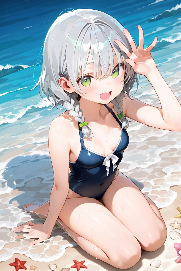 Sand Wolf Shiroko、Good looking girl (blush, Perfect Face), independent , Looking at the camera, masterpiece, Anime art style, Cute Characters, Most detailed, high quality、Nico Nico Smile、Sexy Swimsuit、Coming to the sea、Showing armpits、
