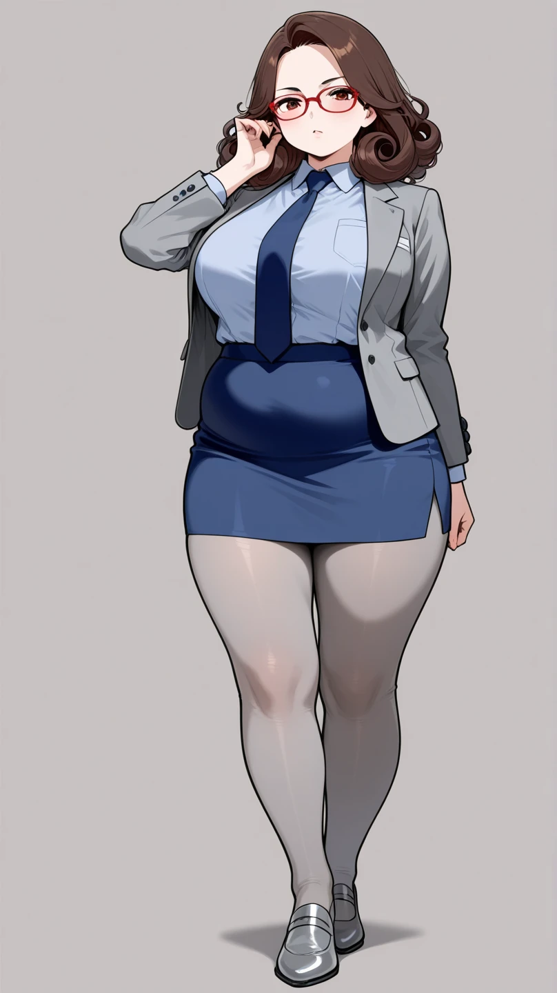 authoritative pale adult woman, large breasts, very thick thighs, thick calves, massive thighs, wide hips, short ginger hair in a sleek hairbun, glasses, tight black blazer, tight black pencil skirt, mid-thigh black pencil skirt hem, thick thighs pressed together, very thick legs, thick calves, wearing black high heels, bored expression, strict teacher, facing forward, she is standing, legs and feet in the photo, crossing arms under her chest, straight face, raised eyebrow, full body shown, voluptuous, detailed face, 8k quality, professional, full body shown, staring, voluptuous