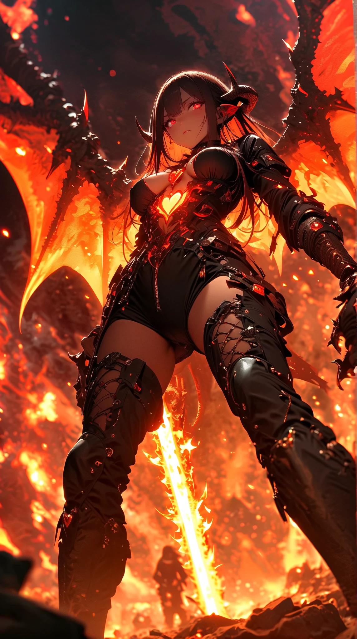 Cinematic effects, raining blood, from below, masterpiece, highest quality, dragonlady queen, perfect demoness, long legs, hourglass figure, curvy hips, perfect eyes, detailed eyes (1.4), slashed up body, cuts and deep wound on body, scars on face, villainous expression, flaming skin body with bioluminescent glowing pattern, ready for battle, blurred stormy background, dark atmosphere, lighting in background,full body,