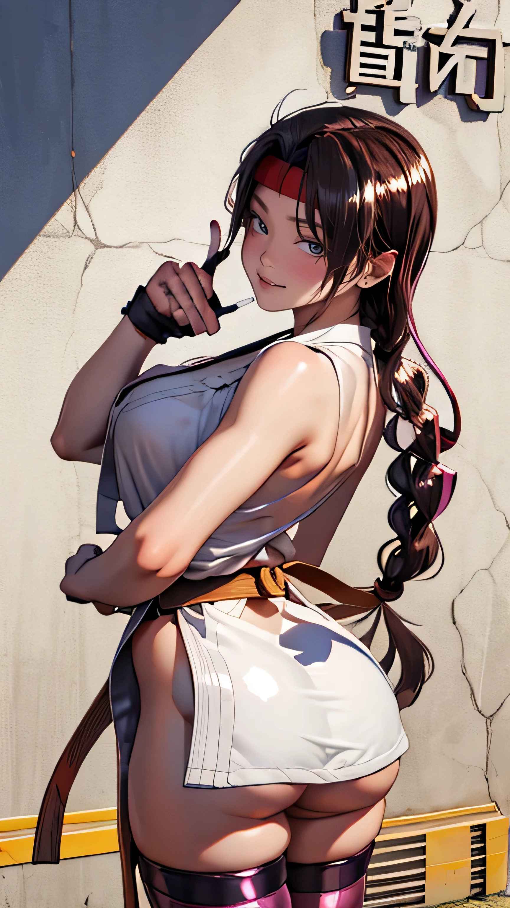 (masterpiece, Highest Quality, High Definition , 8K Wallpaper, very detailed CG:1), High Definition headband, ,shiny thighhighsocs, butt under pants,rear view、big butt、 sexy、(smirk:1.9)、 Big breasts ,(shiny skin:1.5),Karate,