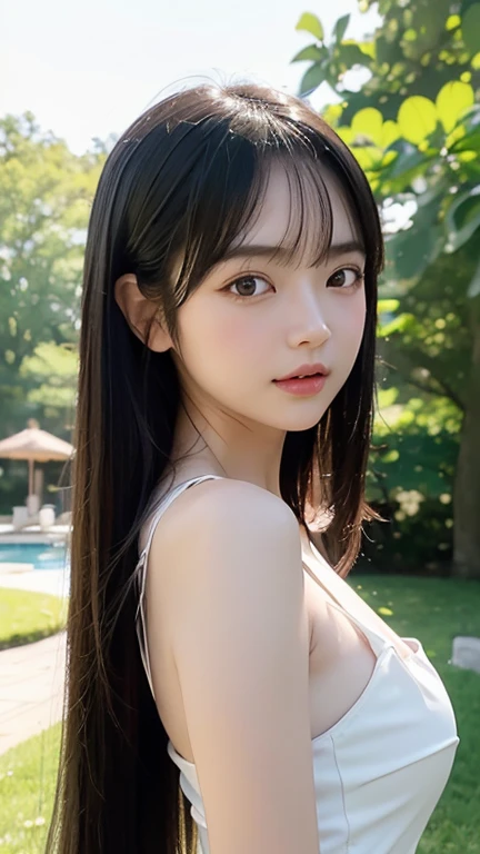 (masterpiece, highest quality),1 girl, alone, have, Realistic, Realistic, Looking at the audience, Light-coloured black eyes, Medium Hair, No clothes, Whity, lips, bangs, Outdoor, Mouth closed, Upper Body、Big eyes、eyelash、((There'There'There'There'There'There'There'、Very simple blue background:1.8))、Big eyes、big and full chest、Looking at the audience、Beautiful beauty、Show me your ears、Long neck、smile、please close your mouth and smile)))、Ideal body type、{Huge|big|Hugeな|Mega} chest, chestの谷間:2幸せなsmile