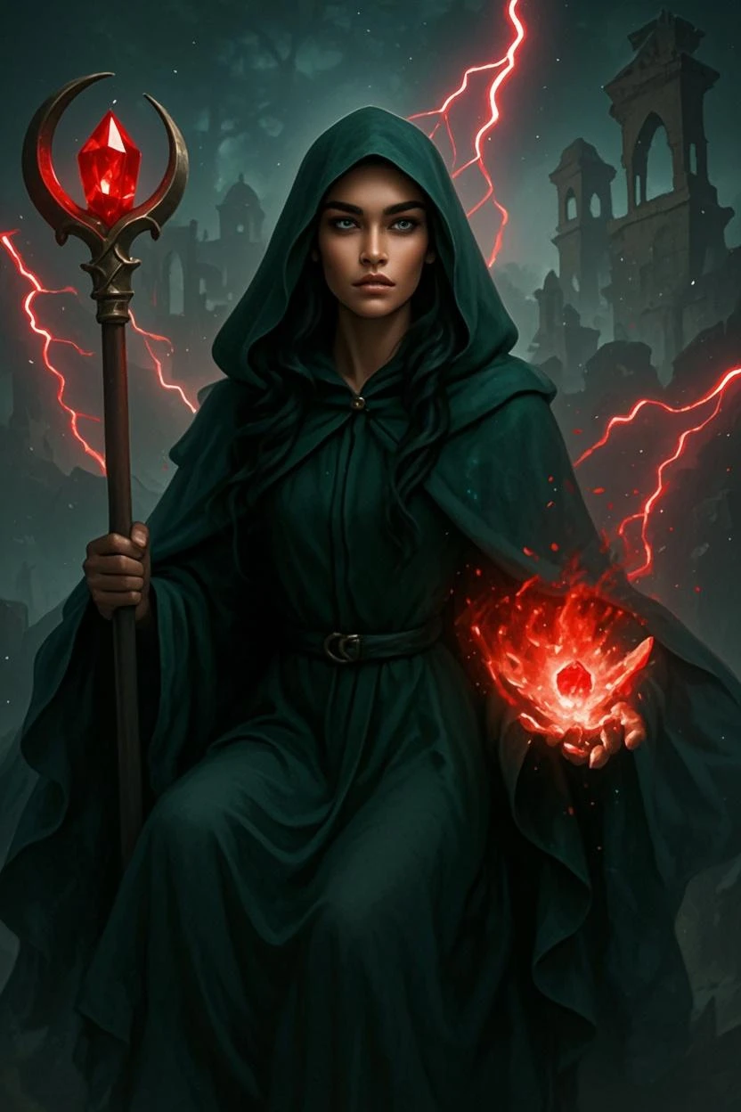 (medium full shot) of (haunting necromancer) young woman, spanish, tan skin, hazel eyes, tiny build, medium brown shag cut hair, wearing a black hooded cloak, dark green velvet robe with enchanted stitching, suede shoes with arcane symbols, blood-red eyeliner, intricate tattoos, tattered cape, set in tower, ancient and mystical, runic symbols, glowing crystals, a sense of power , woman smiling, ,Masterpiece,best quality, raw photo, realistic, very aesthetic, dark