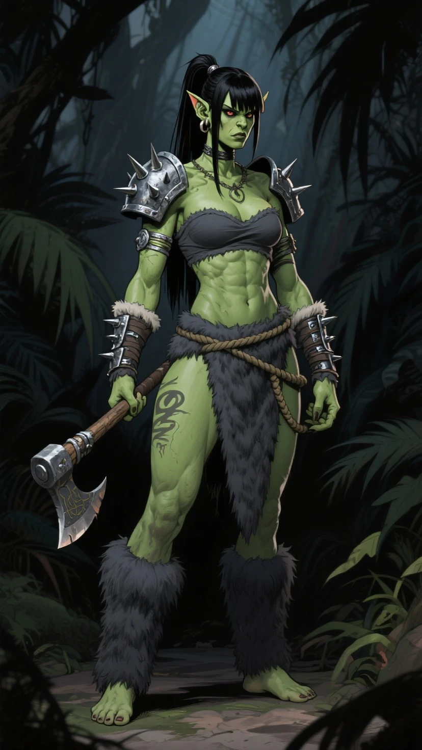 Young orc woman, big fangs, female orc, (green skin) , peaceful expression, dirty clothes and hair, wool and fur clothes, (wearing linen dress), bone jewelry, big body, muscular, big sagging breasts, forest background, natural lighting, highly detailed, 4k, photorealistic, dramatic lighting, cinematic, fantasy art, ultra high quality, sharp Focus, orczor, shewoworc, full body