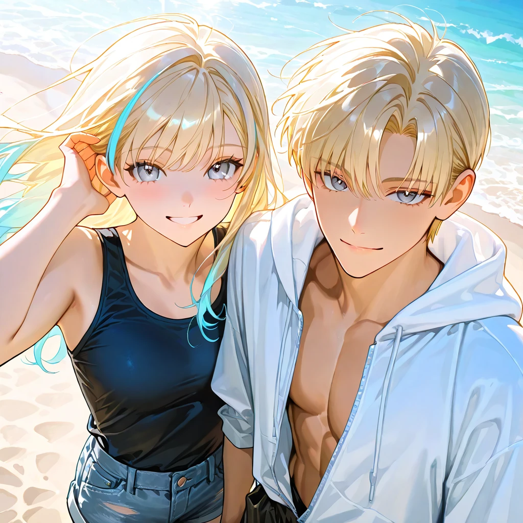 1 boy and girl, A shirtless muscular man relaxing on a beach chair, tropical beach scenery, summer vacation (best quality,4k,8k,highres,masterpiece:1.2),ultra-detailed,(realistic,photorealistic,photo-realistic:1.37),1 man,shirtless,muscular,beach chair,cocktail,swimwear,beach,ocean,sand,palm trees,summer,vacation,tropical