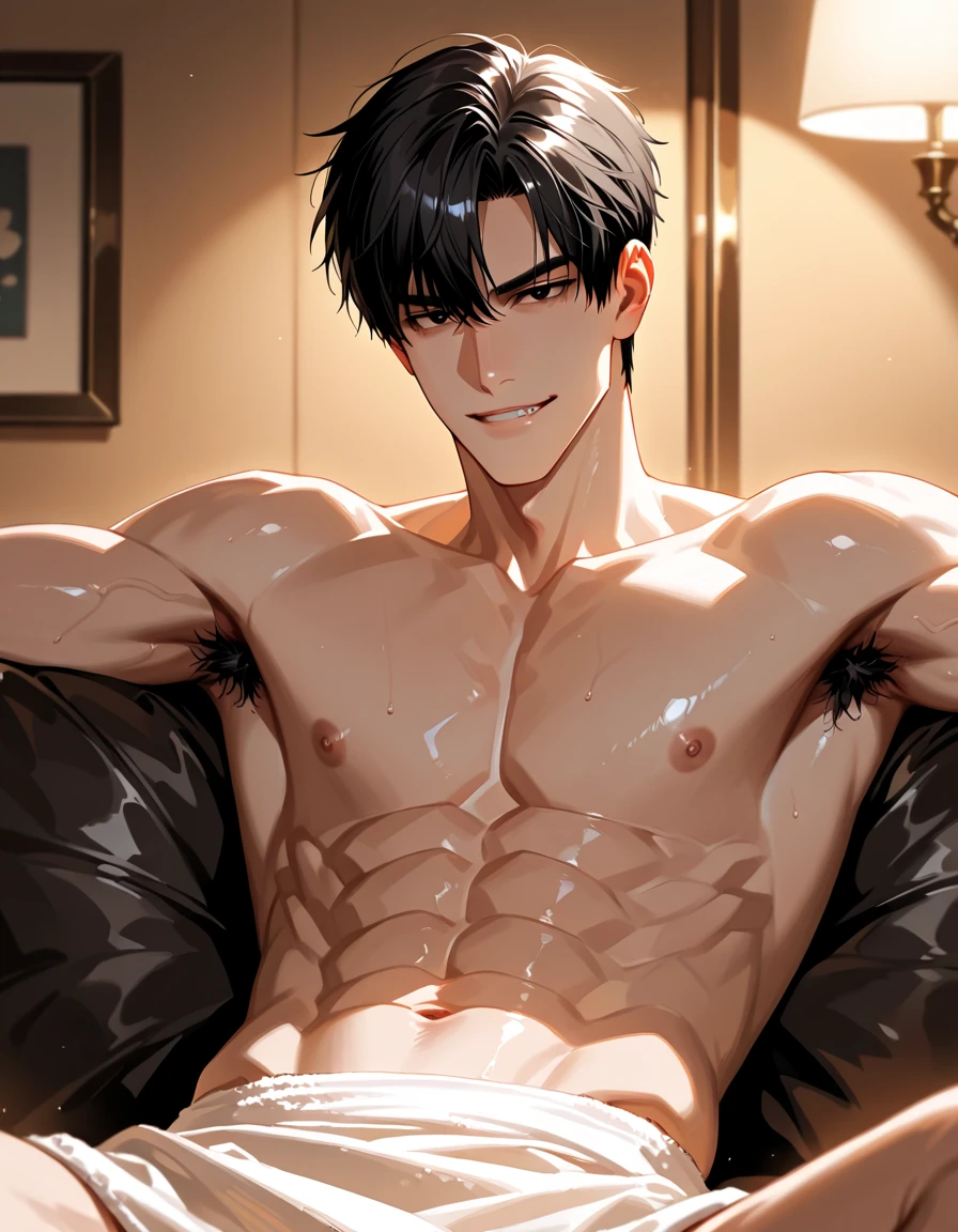 (top-quality:1.1), (masterpiece:1.1), (Cowboy Shot:1.2), (Combed hair:1.2), (macho:1.2), Big body, Dark hair, sharp eye, Borderless glasses, Flashy underwear, , dull look, Bedroom, (japanes:1.1), 18year old, Sitting in bed,Drunk, wine bottle